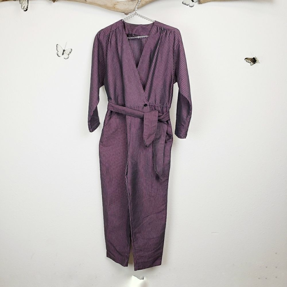 No brand striped button front belted jumpsuit